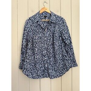 Talbots Plus Button Up Shirt 1X Blue Abstract Print Long Sleeves Collar Cotton